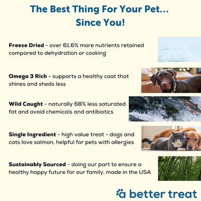 Freeze Dried Salmon Dog Treats, Wild Caught, Single Ingredient | Natural High Value | Gluten Free, Grain Free, High Protein, Diabetic