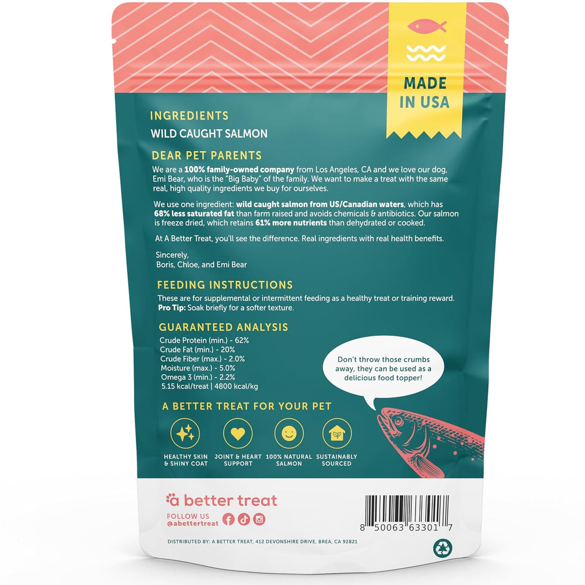 Freeze Dried Salmon Dog Treats, Wild Caught, Single Ingredient | Natural High Value | Gluten Free, Grain Free, High Protein, Diabetic