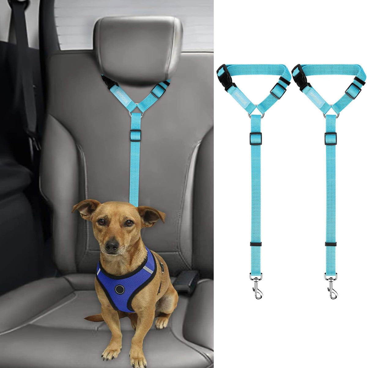 BWOGUE 2 Pack Dog Seat Belt for Car, Headrest Restraint Safety Leads | Headrest Loop for Car Travel, 18-30 in Adjustable, 2-in-1 Seat Belt and Leash, 2 Pack for Dogs and Cats, Use with Dog Harness