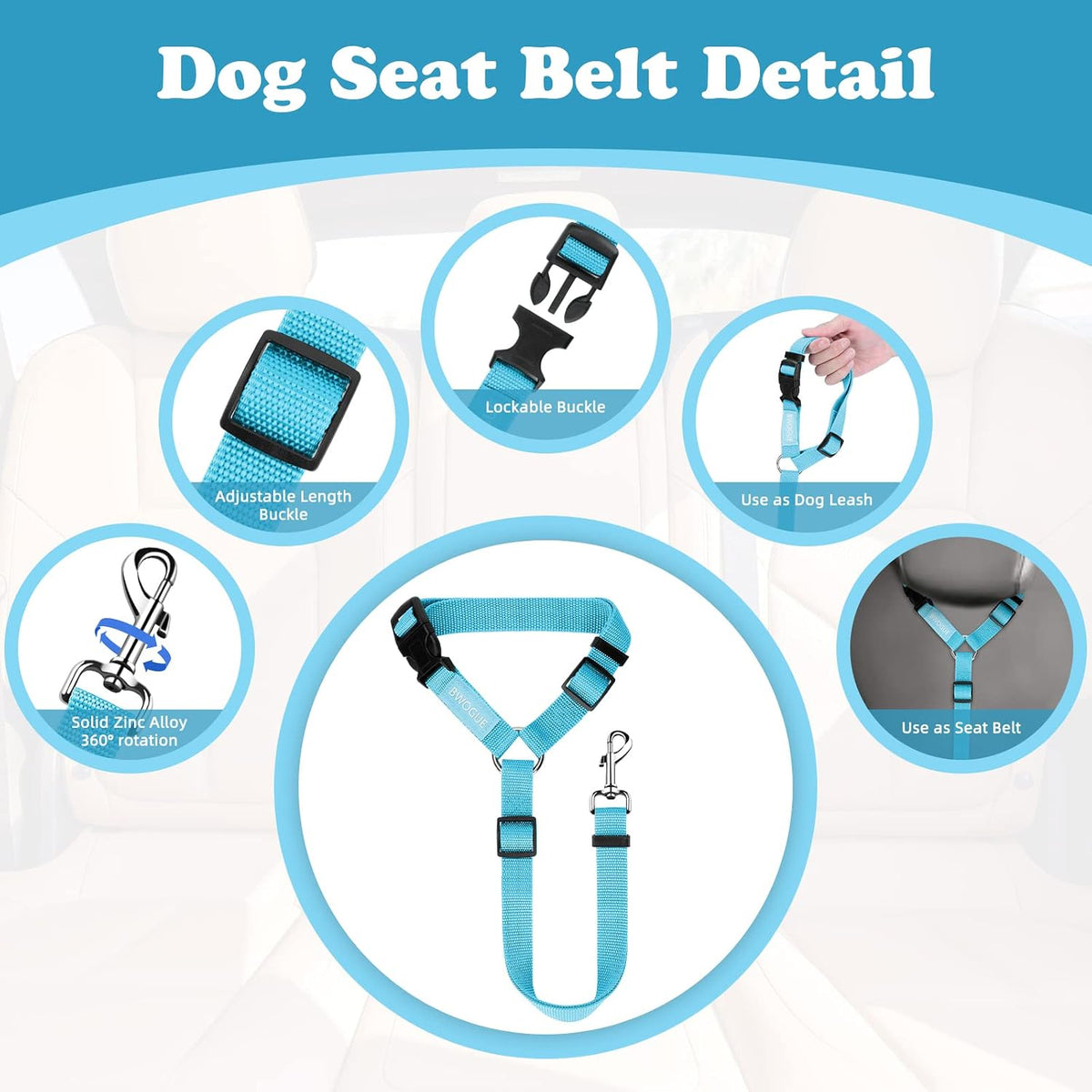 BWOGUE 2 Pack Dog Seat Belt for Car, Headrest Restraint Safety Leads | Headrest Loop for Car Travel, 18-30 in Adjustable, 2-in-1 Seat Belt and Leash, 2 Pack for Dogs and Cats, Use with Dog Harness
