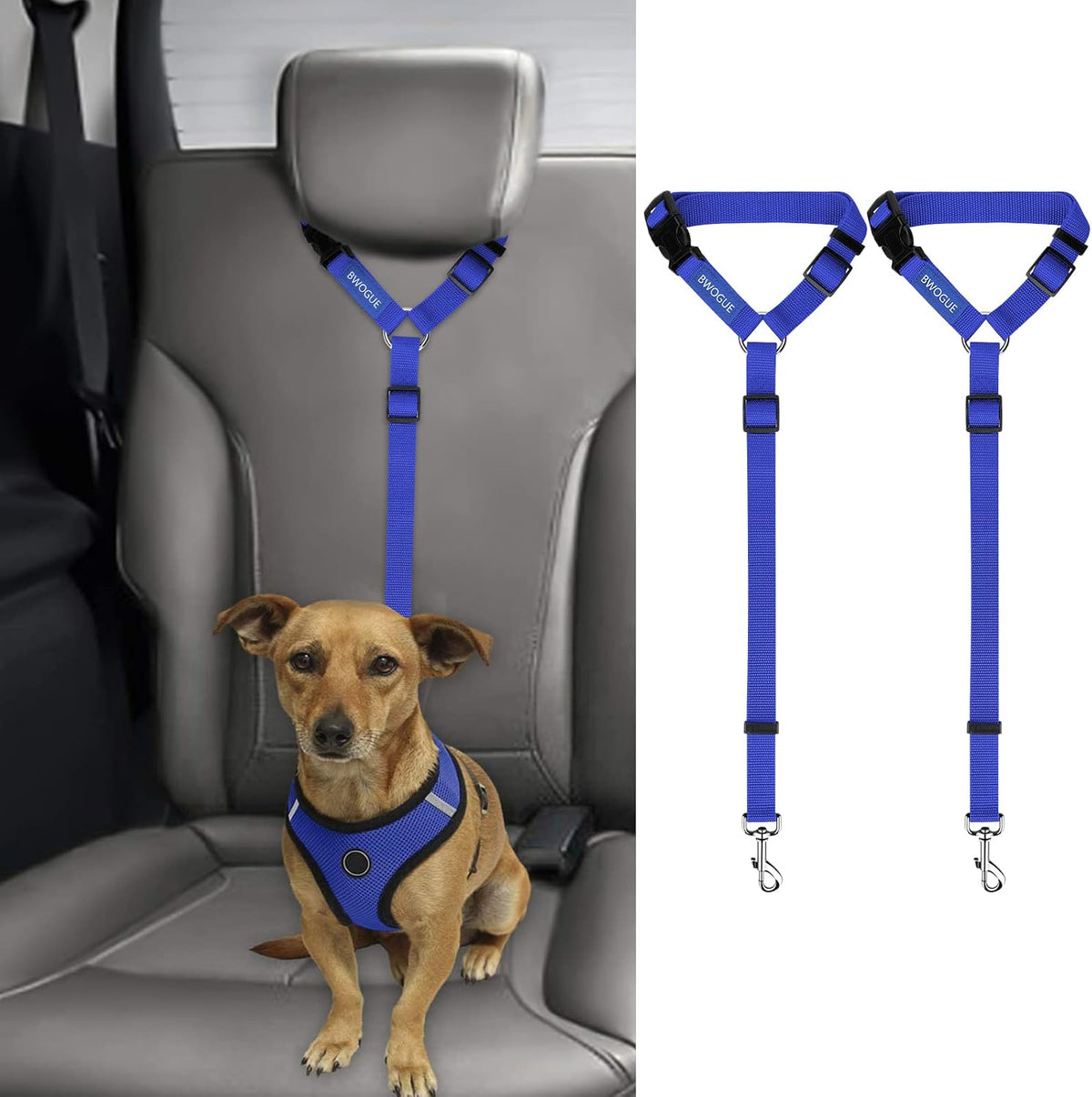 BWOGUE 2 Pack Dog Seat Belt for Car, Headrest Restraint Safety Leads | Headrest Loop for Car Travel, 18-30 in Adjustable, 2-in-1 Seat Belt and Leash, 2 Pack for Dogs and Cats, Use with Dog Harness