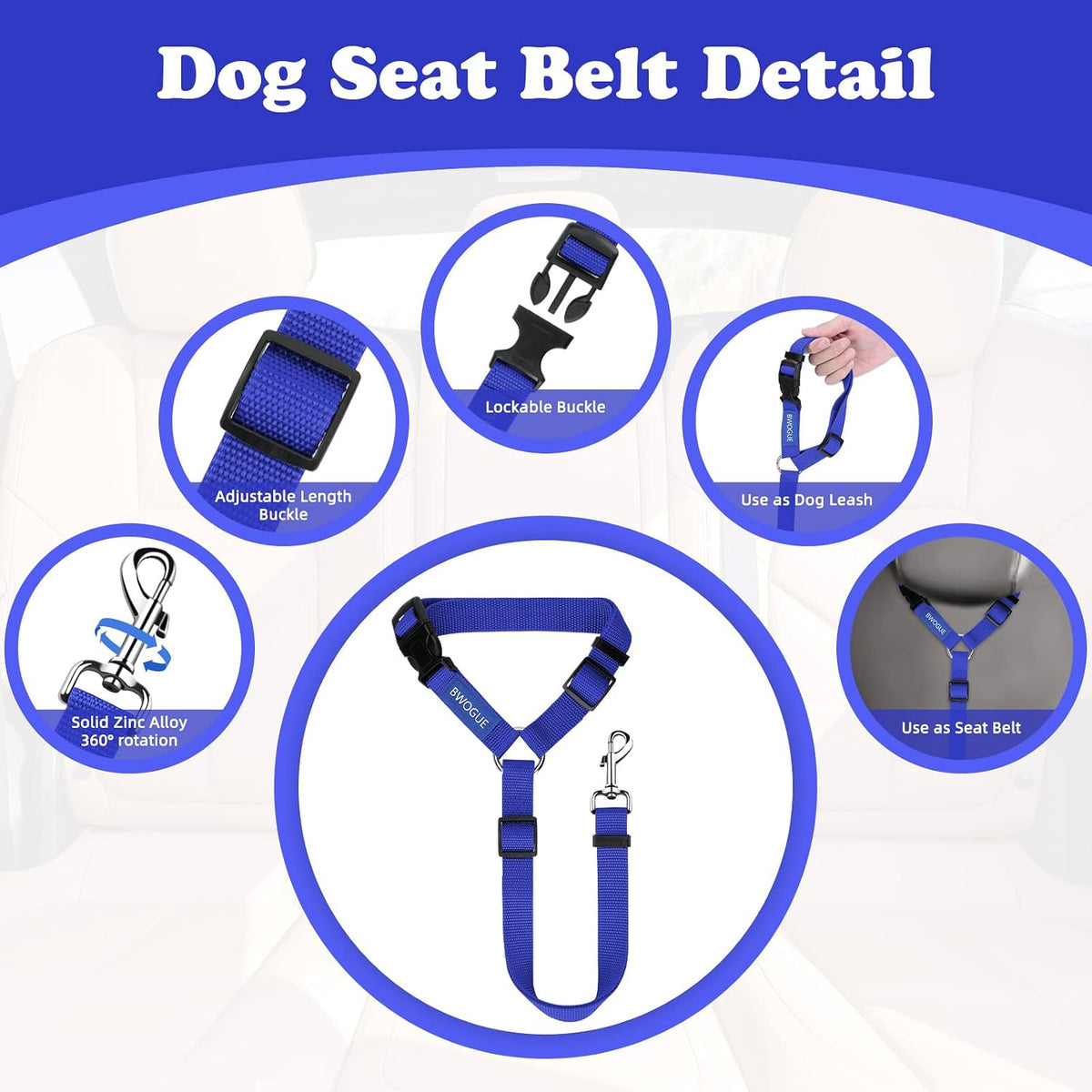 BWOGUE 2 Pack Dog Seat Belt for Car, Headrest Restraint Safety Leads | Headrest Loop for Car Travel, 18-30 in Adjustable, 2-in-1 Seat Belt and Leash, 2 Pack for Dogs and Cats, Use with Dog Harness