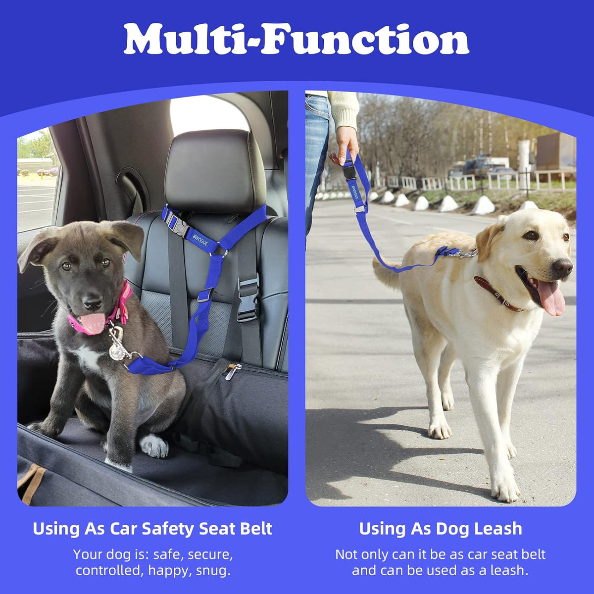 BWOGUE 2 Pack Dog Seat Belt for Car, Headrest Restraint Safety Leads | Headrest Loop for Car Travel, 18-30 in Adjustable, 2-in-1 Seat Belt and Leash, 2 Pack for Dogs and Cats, Use with Dog Harness