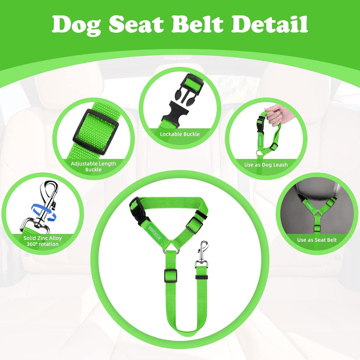BWOGUE 2 Pack Dog Seat Belt for Car, Headrest Restraint Safety Leads | Headrest Loop for Car Travel, 18-30 in Adjustable, 2-in-1 Seat Belt and Leash, 2 Pack for Dogs and Cats, Use with Dog Harness