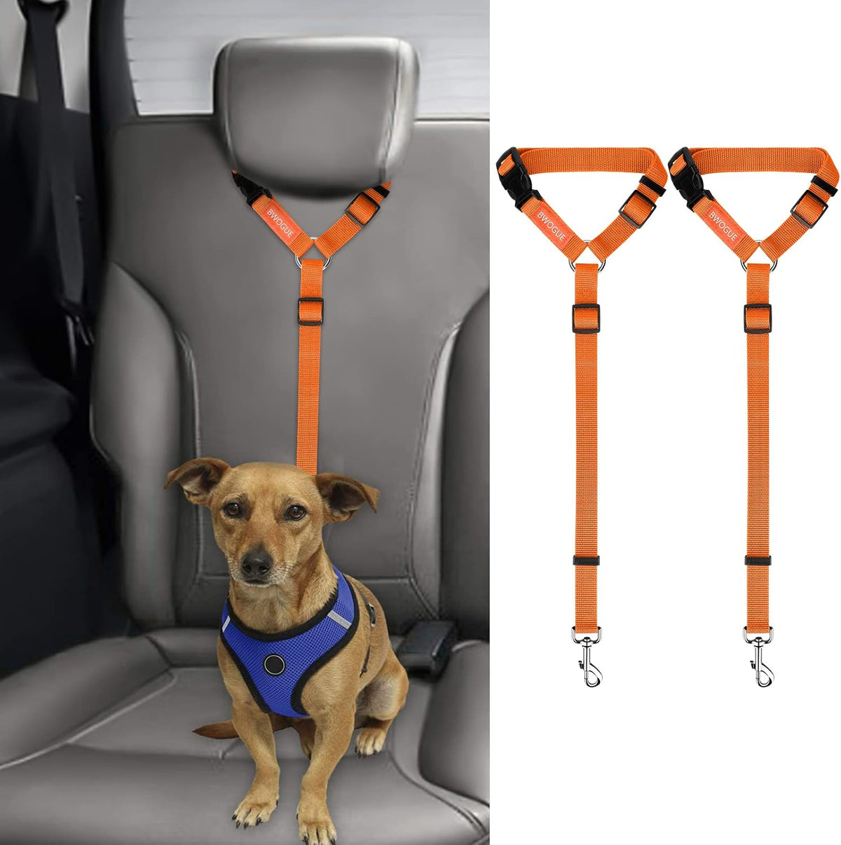 BWOGUE 2 Pack Dog Seat Belt for Car, Headrest Restraint Safety Leads | Headrest Loop for Car Travel, 18-30 in Adjustable, 2-in-1 Seat Belt and Leash, 2 Pack for Dogs and Cats, Use with Dog Harness