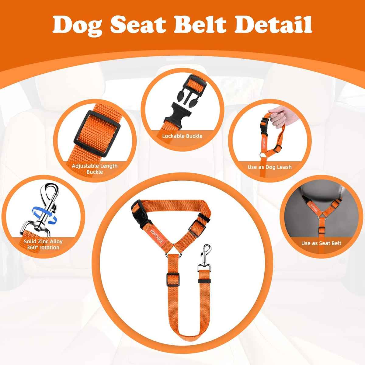 BWOGUE 2 Pack Dog Seat Belt for Car, Headrest Restraint Safety Leads | Headrest Loop for Car Travel, 18-30 in Adjustable, 2-in-1 Seat Belt and Leash, 2 Pack for Dogs and Cats, Use with Dog Harness