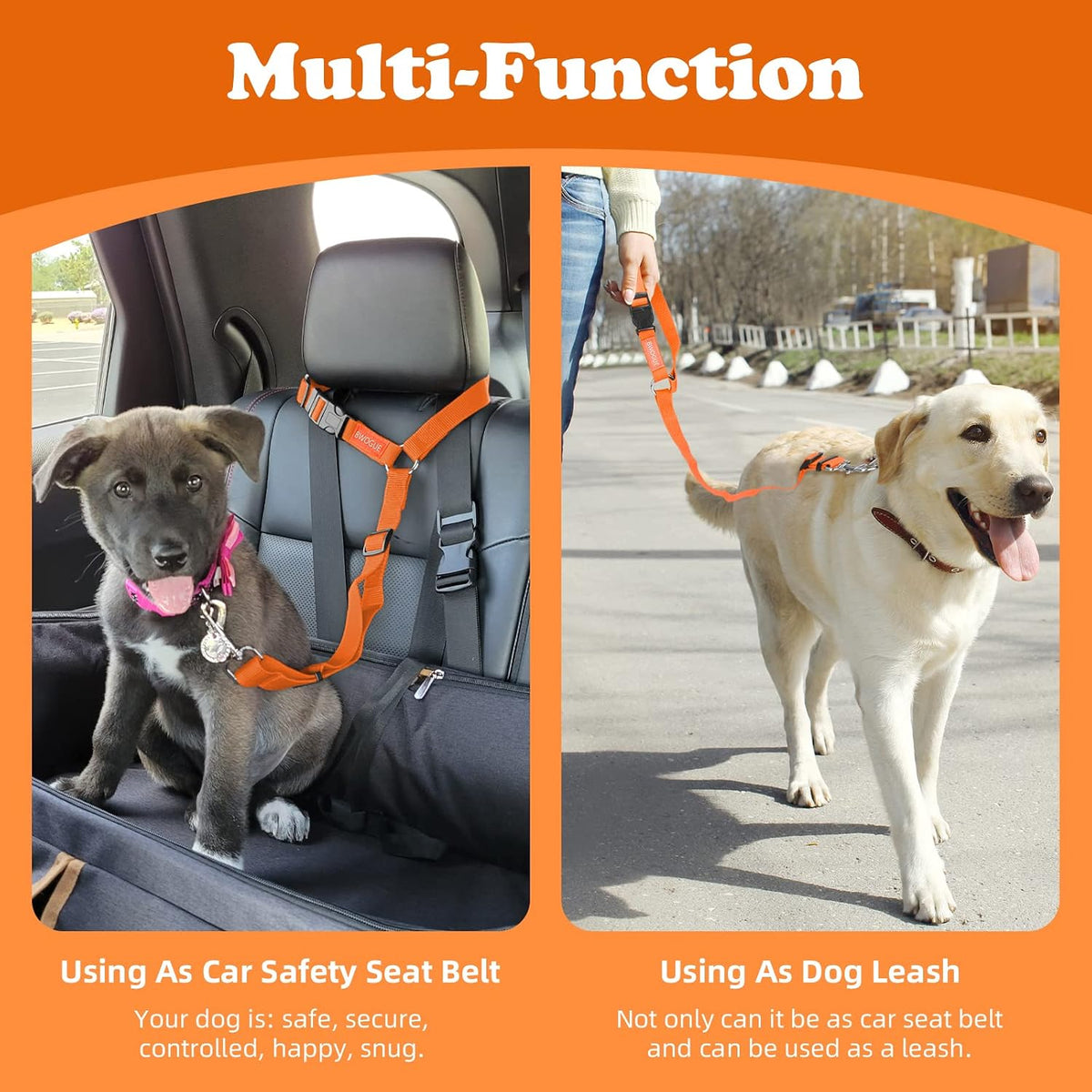 BWOGUE 2 Pack Dog Seat Belt for Car, Headrest Restraint Safety Leads | Headrest Loop for Car Travel, 18-30 in Adjustable, 2-in-1 Seat Belt and Leash, 2 Pack for Dogs and Cats, Use with Dog Harness