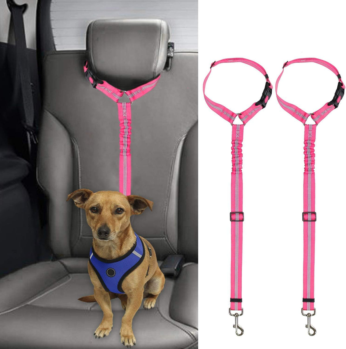 BWOGUE 2 Pack Dog Seat Belt for Car, Headrest Restraint Safety Leads | Headrest Loop for Car Travel, 18-30 in Adjustable, 2-in-1 Seat Belt and Leash, 2 Pack for Dogs and Cats, Use with Dog Harness