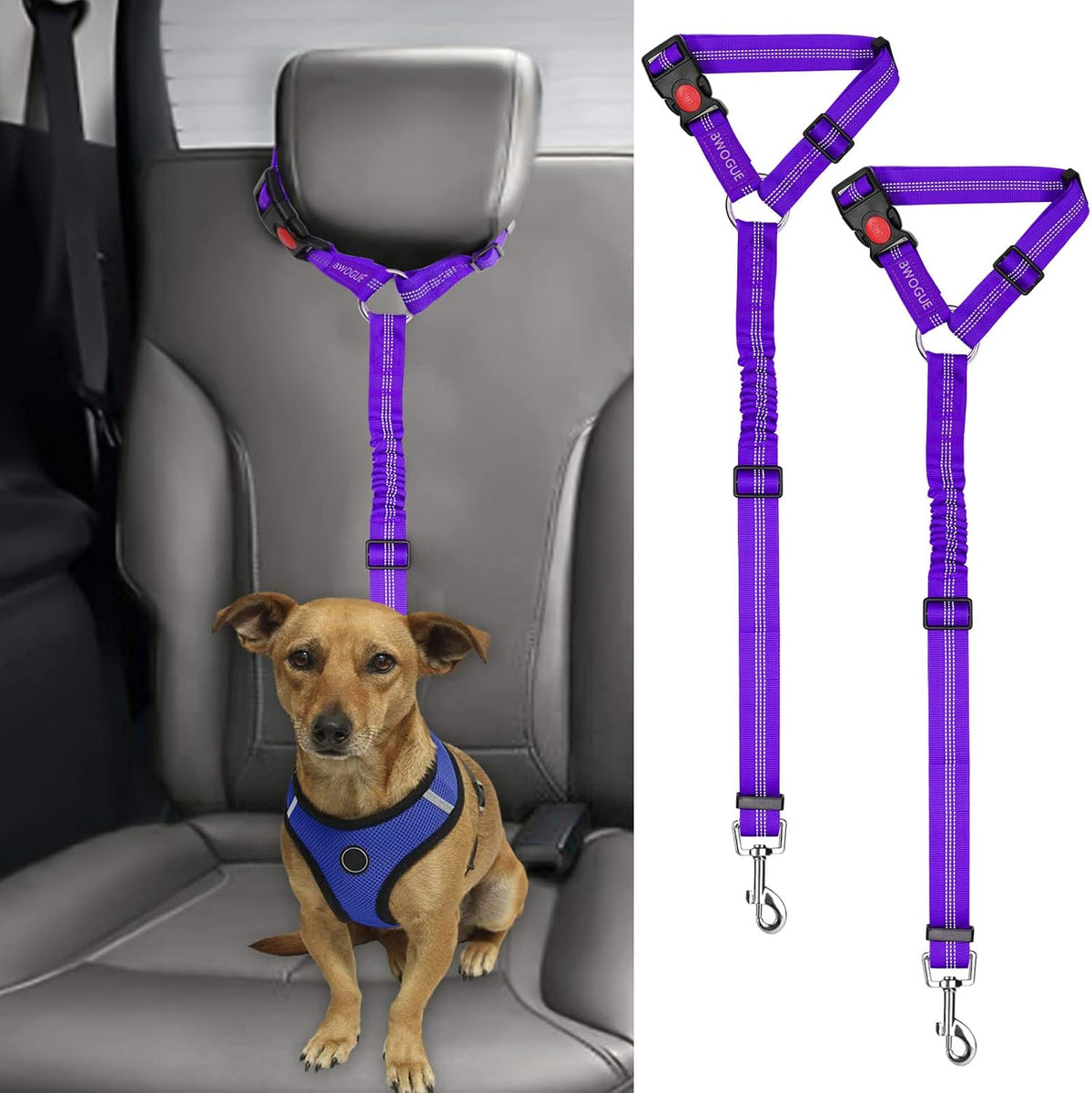 BWOGUE 2 Pack Dog Seat Belt for Car, Headrest Restraint Safety Leads | Headrest Loop for Car Travel, 18-30 in Adjustable, 2-in-1 Seat Belt and Leash, 2 Pack for Dogs and Cats, Use with Dog Harness