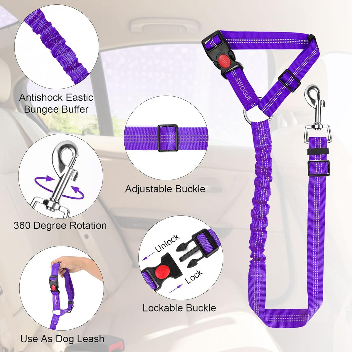 BWOGUE 2 Pack Dog Seat Belt for Car, Headrest Restraint Safety Leads | Headrest Loop for Car Travel, 18-30 in Adjustable, 2-in-1 Seat Belt and Leash, 2 Pack for Dogs and Cats, Use with Dog Harness