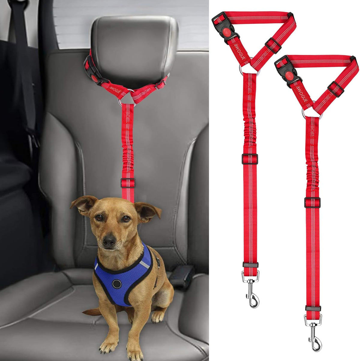 BWOGUE 2 Pack Dog Seat Belt for Car, Headrest Restraint Safety Leads | Headrest Loop for Car Travel, 18-30 in Adjustable, 2-in-1 Seat Belt and Leash, 2 Pack for Dogs and Cats, Use with Dog Harness