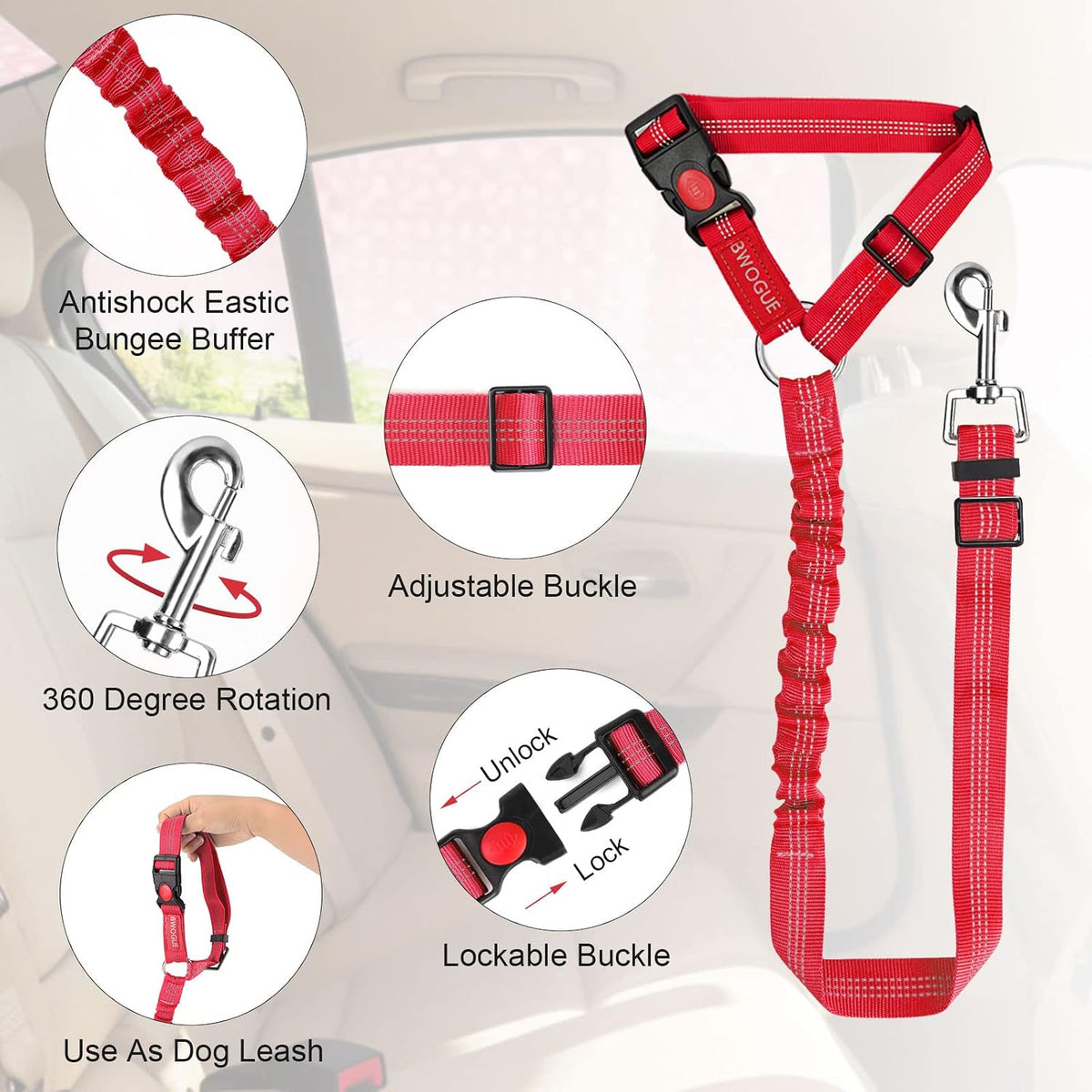 BWOGUE 2 Pack Dog Seat Belt for Car, Headrest Restraint Safety Leads | Headrest Loop for Car Travel, 18-30 in Adjustable, 2-in-1 Seat Belt and Leash, 2 Pack for Dogs and Cats, Use with Dog Harness