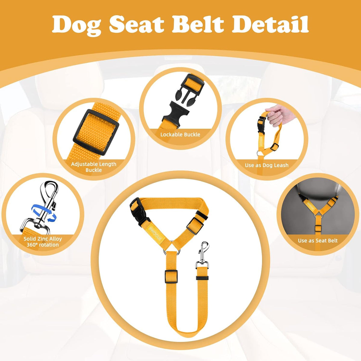BWOGUE 2 Pack Dog Seat Belt for Car, Headrest Restraint Safety Leads | Headrest Loop for Car Travel, 18-30 in Adjustable, 2-in-1 Seat Belt and Leash, 2 Pack for Dogs and Cats, Use with Dog Harness