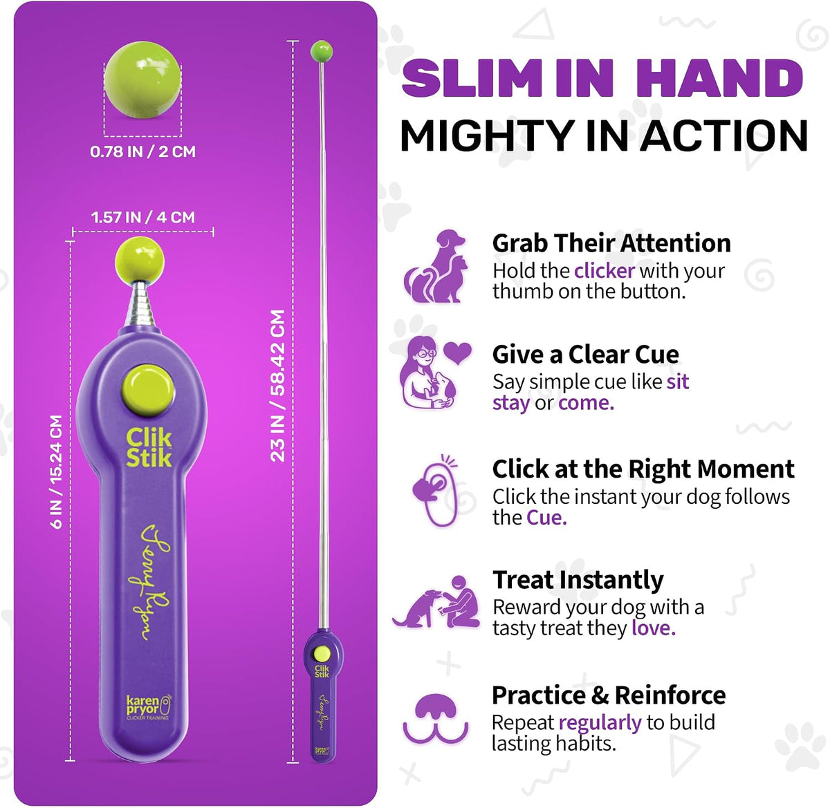 Terry Ryan Clik Stik by Karen Pryor – All-in-One Retractable Target Stick & Dog Clicker for Effective Pet Training, Telescopes 6-23 Inch, Includes Expert Training Guide, Durable & Easy to Use