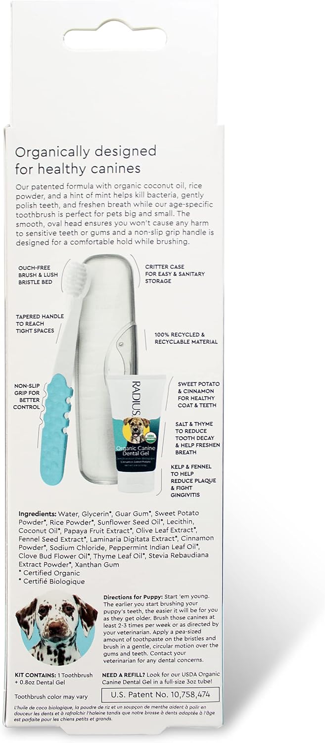 RADIUS USDA Organic Dental Solutions Puppy Kit 1 Unit, 1 Dog Toothbrush & 1 0.8oz Toothpaste, Ultra Soft Bristle & Non Toxic Toothpaste for Dogs, Designed to Clean Teeth, Xylitol Free