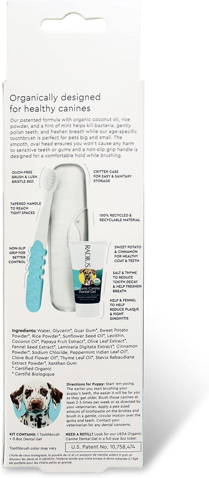 RADIUS USDA Organic Dental Solutions Puppy Kit 1 Unit, 1 Dog Toothbrush & 1 0.8oz Toothpaste, Ultra Soft Bristle & Non Toxic Toothpaste for Dogs, Designed to Clean Teeth, Xylitol Free