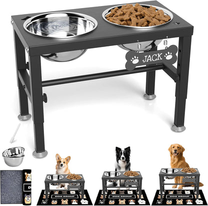 Elevated Dog Bowls with Slow Feeder & Mat for Medium and Large Dogs, 12" Tall Adjustable Wooden & Metal Raised Dog Bowl Stand, 2 Stainless Steel 58oz Bowls for Food & Water