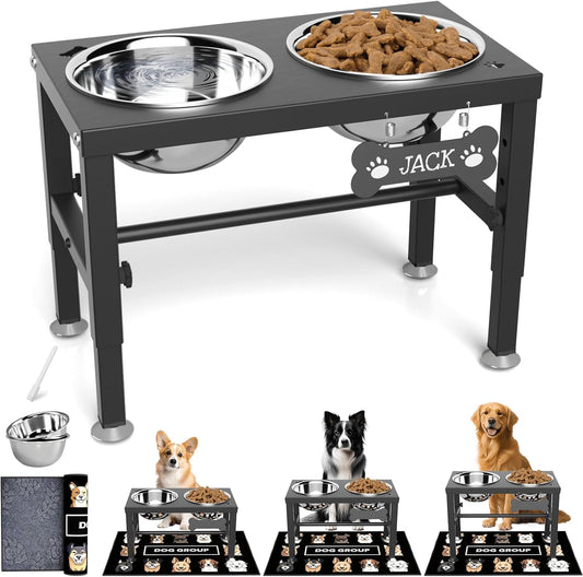 Elevated Dog Bowls with Slow Feeder & Mat for Medium and Large Dogs, 12" Tall Adjustable Wooden & Metal Raised Dog Bowl Stand, 2 Stainless Steel 58oz Bowls for Food & Water