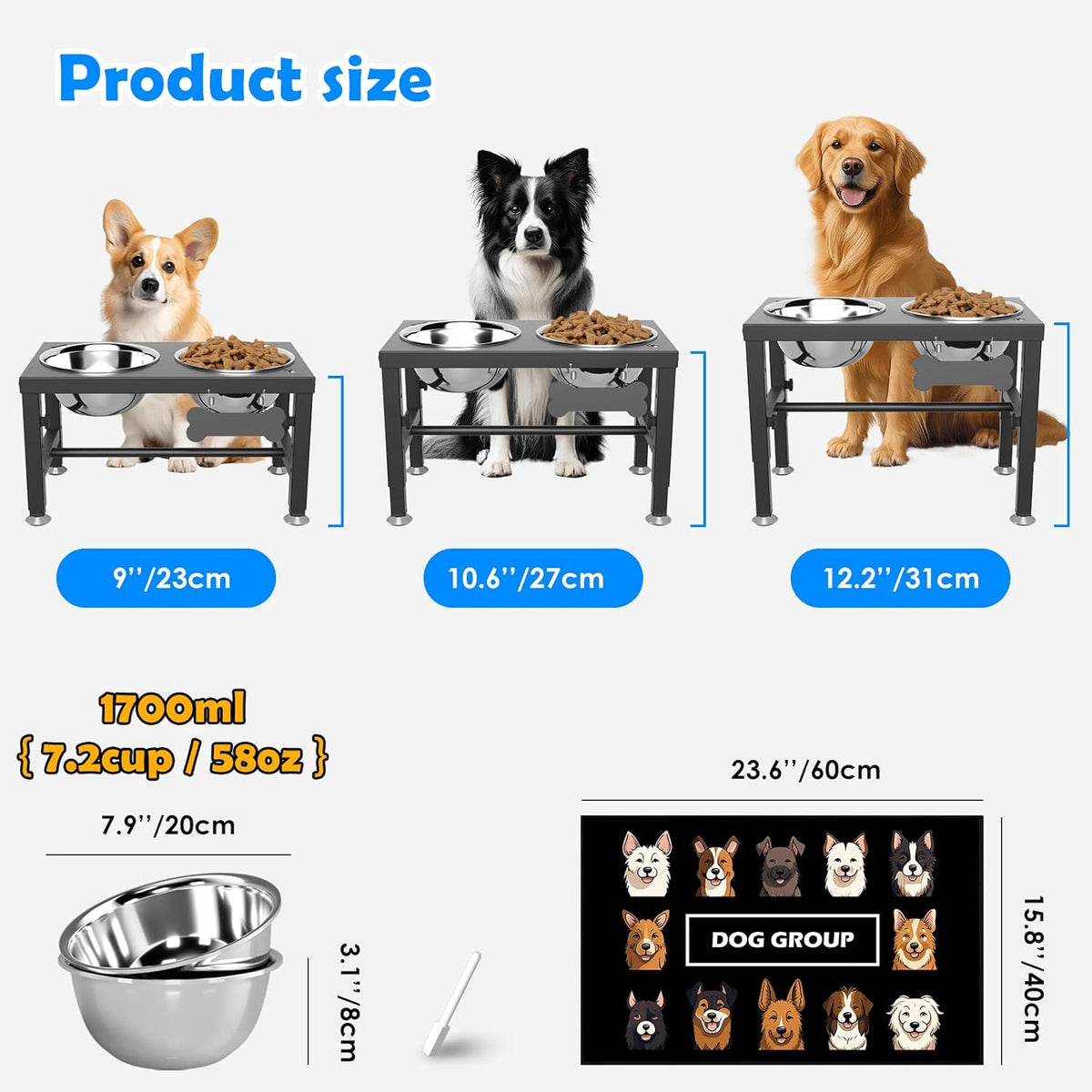 Elevated Dog Bowls with Slow Feeder & Mat for Medium and Large Dogs, 12" Tall Adjustable Wooden & Metal Raised Dog Bowl Stand, 2 Stainless Steel 58oz Bowls for Food & Water
