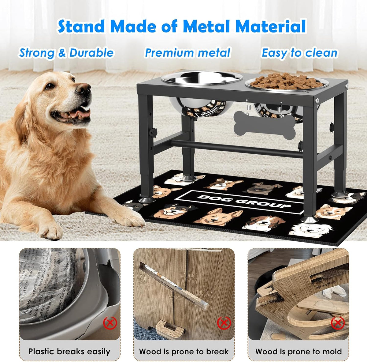 Elevated Dog Bowls with Slow Feeder & Mat for Medium and Large Dogs, 12" Tall Adjustable Wooden & Metal Raised Dog Bowl Stand, 2 Stainless Steel 58oz Bowls for Food & Water