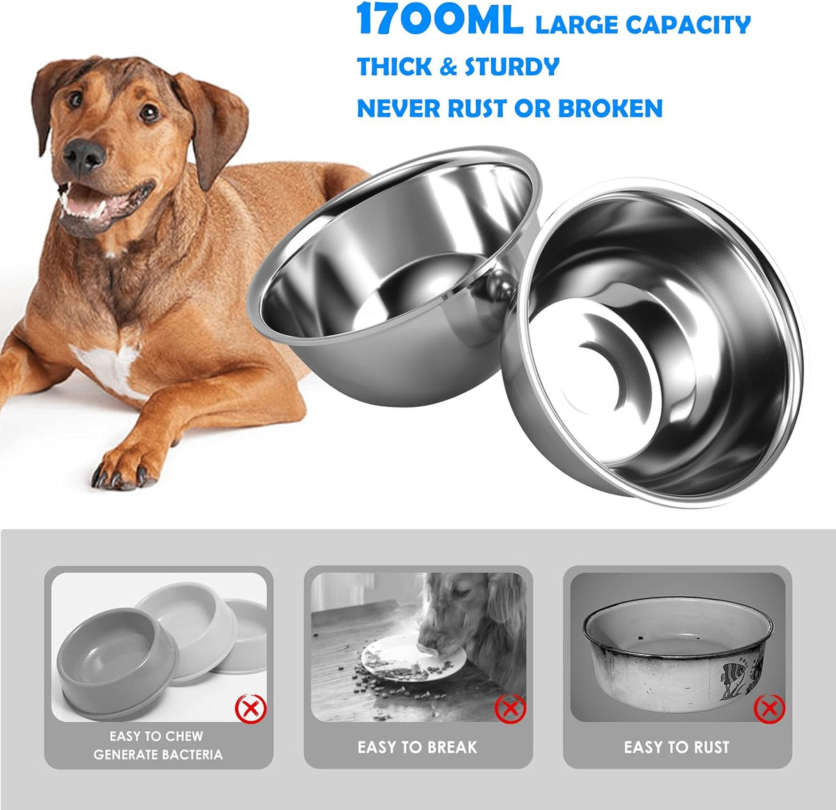Elevated Dog Bowls with Slow Feeder & Mat for Medium and Large Dogs, 12" Tall Adjustable Wooden & Metal Raised Dog Bowl Stand, 2 Stainless Steel 58oz Bowls for Food & Water
