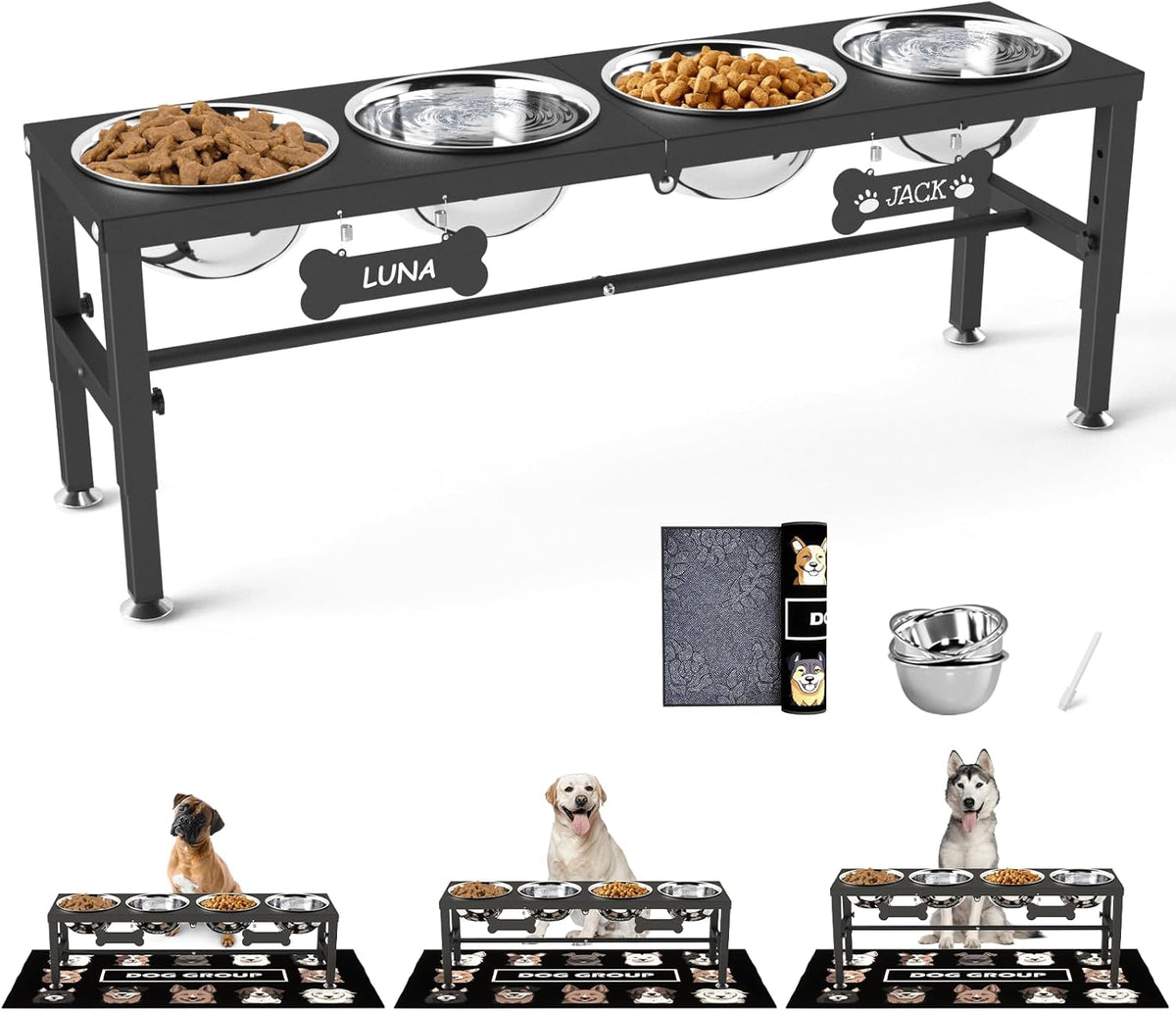 Elevated Dog Bowls with Slow Feeder & Mat for Medium and Large Dogs, 12" Tall Adjustable Wooden & Metal Raised Dog Bowl Stand, 2 Stainless Steel 58oz Bowls for Food & Water
