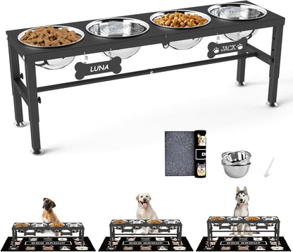 Elevated Dog Bowls with Slow Feeder & Mat for Medium and Large Dogs, 12" Tall Adjustable Wooden & Metal Raised Dog Bowl Stand, 2 Stainless Steel 58oz Bowls for Food & Water