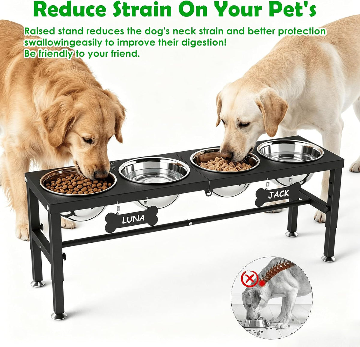 Elevated Dog Bowls with Slow Feeder & Mat for Medium and Large Dogs, 12" Tall Adjustable Wooden & Metal Raised Dog Bowl Stand, 2 Stainless Steel 58oz Bowls for Food & Water