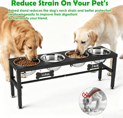 Elevated Dog Bowls with Slow Feeder & Mat for Medium and Large Dogs, 12" Tall Adjustable Wooden & Metal Raised Dog Bowl Stand, 2 Stainless Steel 58oz Bowls for Food & Water