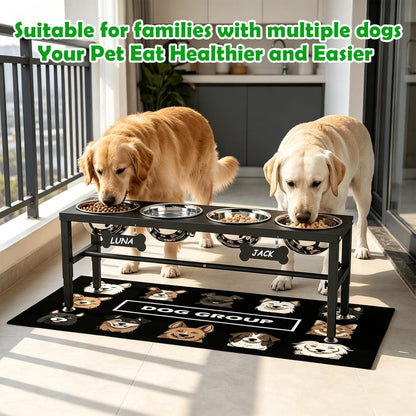 Elevated Dog Bowls with Slow Feeder & Mat for Medium and Large Dogs, 12" Tall Adjustable Wooden & Metal Raised Dog Bowl Stand, 2 Stainless Steel 58oz Bowls for Food & Water