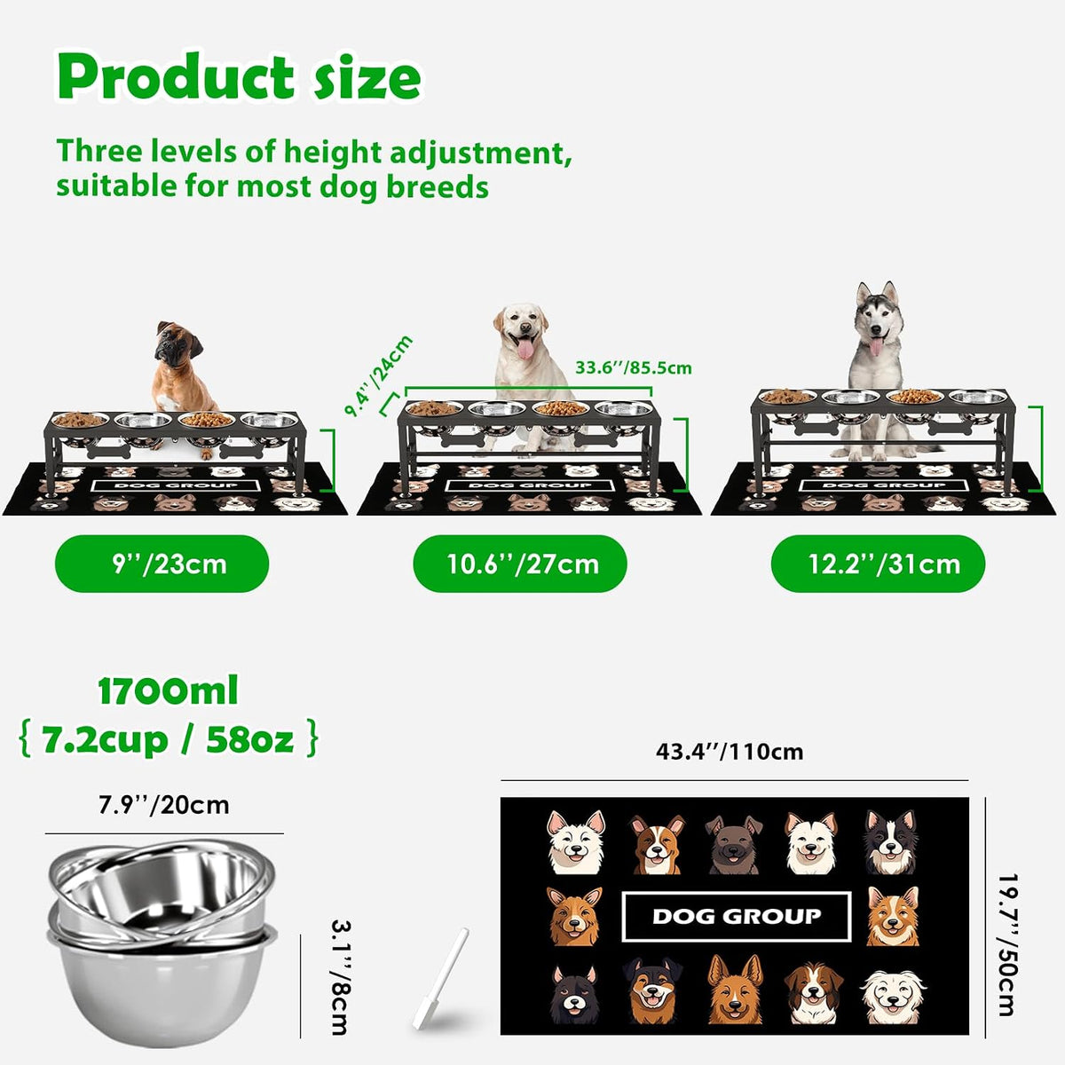Elevated Dog Bowls with Slow Feeder & Mat for Medium and Large Dogs, 12" Tall Adjustable Wooden & Metal Raised Dog Bowl Stand, 2 Stainless Steel 58oz Bowls for Food & Water