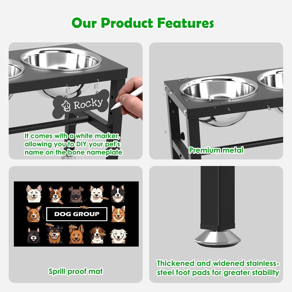 Elevated Dog Bowls with Slow Feeder & Mat for Medium and Large Dogs, 12" Tall Adjustable Wooden & Metal Raised Dog Bowl Stand, 2 Stainless Steel 58oz Bowls for Food & Water