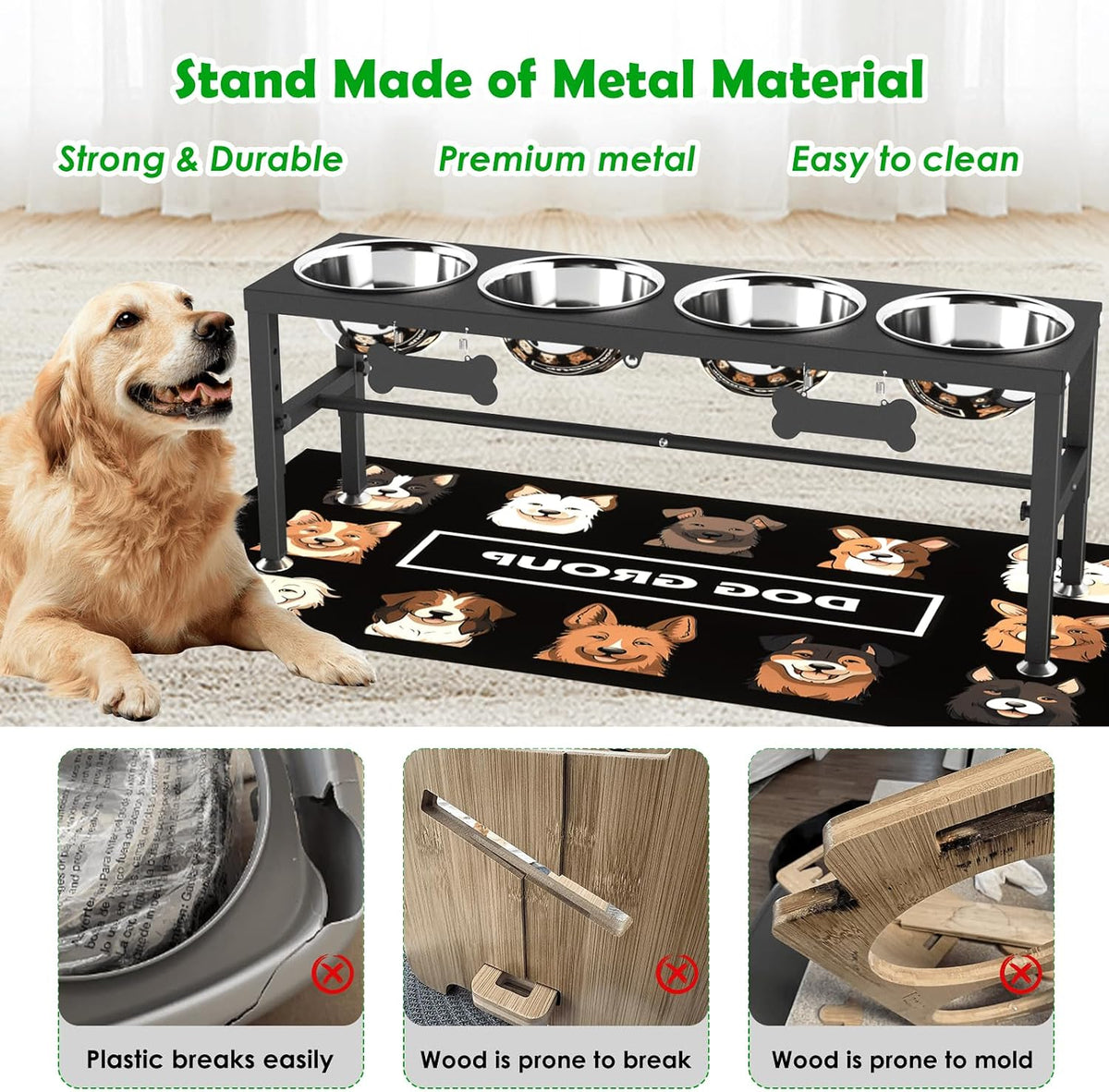 Elevated Dog Bowls with Slow Feeder & Mat for Medium and Large Dogs, 12" Tall Adjustable Wooden & Metal Raised Dog Bowl Stand, 2 Stainless Steel 58oz Bowls for Food & Water