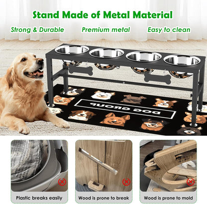 Elevated Dog Bowls with Slow Feeder & Mat for Medium and Large Dogs, 12" Tall Adjustable Wooden & Metal Raised Dog Bowl Stand, 2 Stainless Steel 58oz Bowls for Food & Water