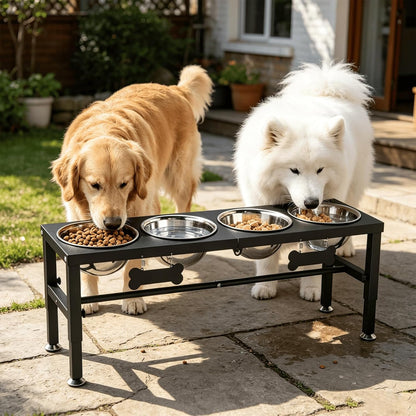 Elevated Dog Bowls with Slow Feeder & Mat for Medium and Large Dogs, 12" Tall Adjustable Wooden & Metal Raised Dog Bowl Stand, 2 Stainless Steel 58oz Bowls for Food & Water