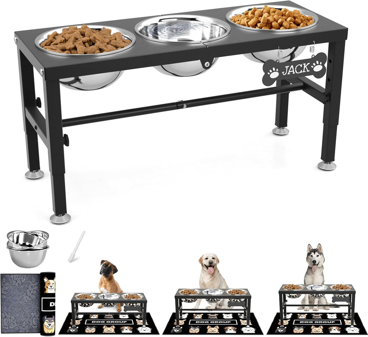 Elevated Dog Bowls with Slow Feeder & Mat for Medium and Large Dogs, 12" Tall Adjustable Wooden & Metal Raised Dog Bowl Stand, 2 Stainless Steel 58oz Bowls for Food & Water