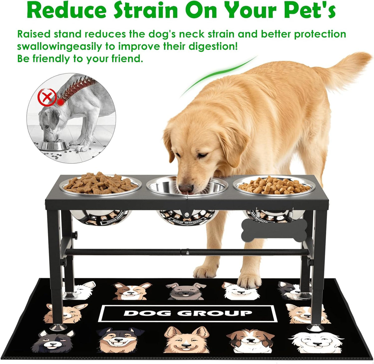 Elevated Dog Bowls with Slow Feeder & Mat for Medium and Large Dogs, 12" Tall Adjustable Wooden & Metal Raised Dog Bowl Stand, 2 Stainless Steel 58oz Bowls for Food & Water