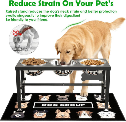 Elevated Dog Bowls with Slow Feeder & Mat for Medium and Large Dogs, 12" Tall Adjustable Wooden & Metal Raised Dog Bowl Stand, 2 Stainless Steel 58oz Bowls for Food & Water