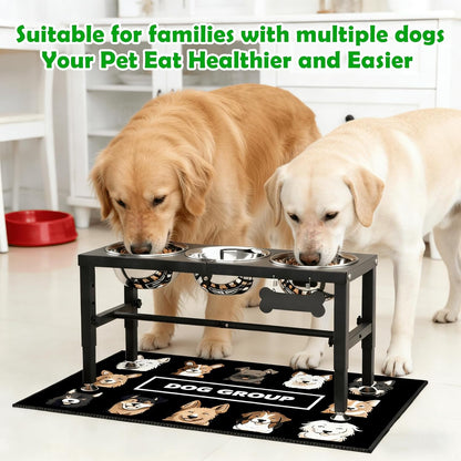 Elevated Dog Bowls with Slow Feeder & Mat for Medium and Large Dogs, 12" Tall Adjustable Wooden & Metal Raised Dog Bowl Stand, 2 Stainless Steel 58oz Bowls for Food & Water