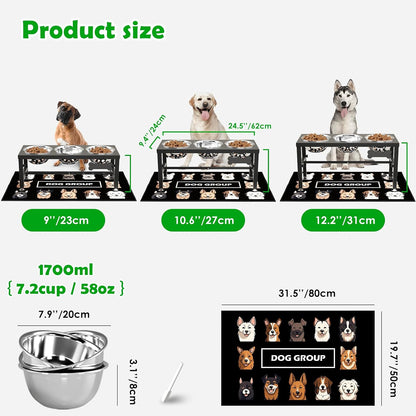 Elevated Dog Bowls with Slow Feeder & Mat for Medium and Large Dogs, 12" Tall Adjustable Wooden & Metal Raised Dog Bowl Stand, 2 Stainless Steel 58oz Bowls for Food & Water