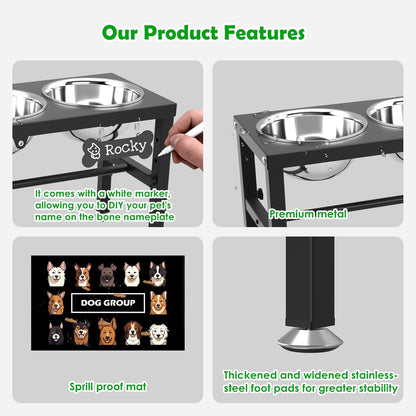 Elevated Dog Bowls with Slow Feeder & Mat for Medium and Large Dogs, 12" Tall Adjustable Wooden & Metal Raised Dog Bowl Stand, 2 Stainless Steel 58oz Bowls for Food & Water