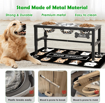 Elevated Dog Bowls with Slow Feeder & Mat for Medium and Large Dogs, 12" Tall Adjustable Wooden & Metal Raised Dog Bowl Stand, 2 Stainless Steel 58oz Bowls for Food & Water