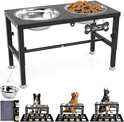 Elevated Dog Bowls with Slow Feeder & Mat for Medium and Large Dogs, 12" Tall Adjustable Wooden & Metal Raised Dog Bowl Stand, 2 Stainless Steel 58oz Bowls for Food & Water