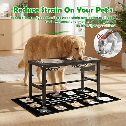 Elevated Dog Bowls with Slow Feeder & Mat for Medium and Large Dogs, 12" Tall Adjustable Wooden & Metal Raised Dog Bowl Stand, 2 Stainless Steel 58oz Bowls for Food & Water