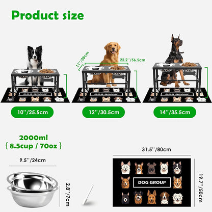 Elevated Dog Bowls with Slow Feeder & Mat for Medium and Large Dogs, 12" Tall Adjustable Wooden & Metal Raised Dog Bowl Stand, 2 Stainless Steel 58oz Bowls for Food & Water