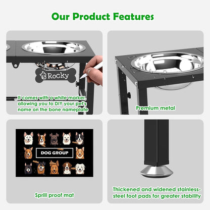 Elevated Dog Bowls with Slow Feeder & Mat for Medium and Large Dogs, 12" Tall Adjustable Wooden & Metal Raised Dog Bowl Stand, 2 Stainless Steel 58oz Bowls for Food & Water