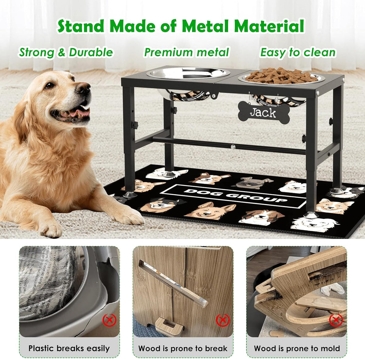 Elevated Dog Bowls with Slow Feeder & Mat for Medium and Large Dogs, 12" Tall Adjustable Wooden & Metal Raised Dog Bowl Stand, 2 Stainless Steel 58oz Bowls for Food & Water