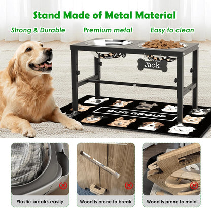Elevated Dog Bowls with Slow Feeder & Mat for Medium and Large Dogs, 12" Tall Adjustable Wooden & Metal Raised Dog Bowl Stand, 2 Stainless Steel 58oz Bowls for Food & Water
