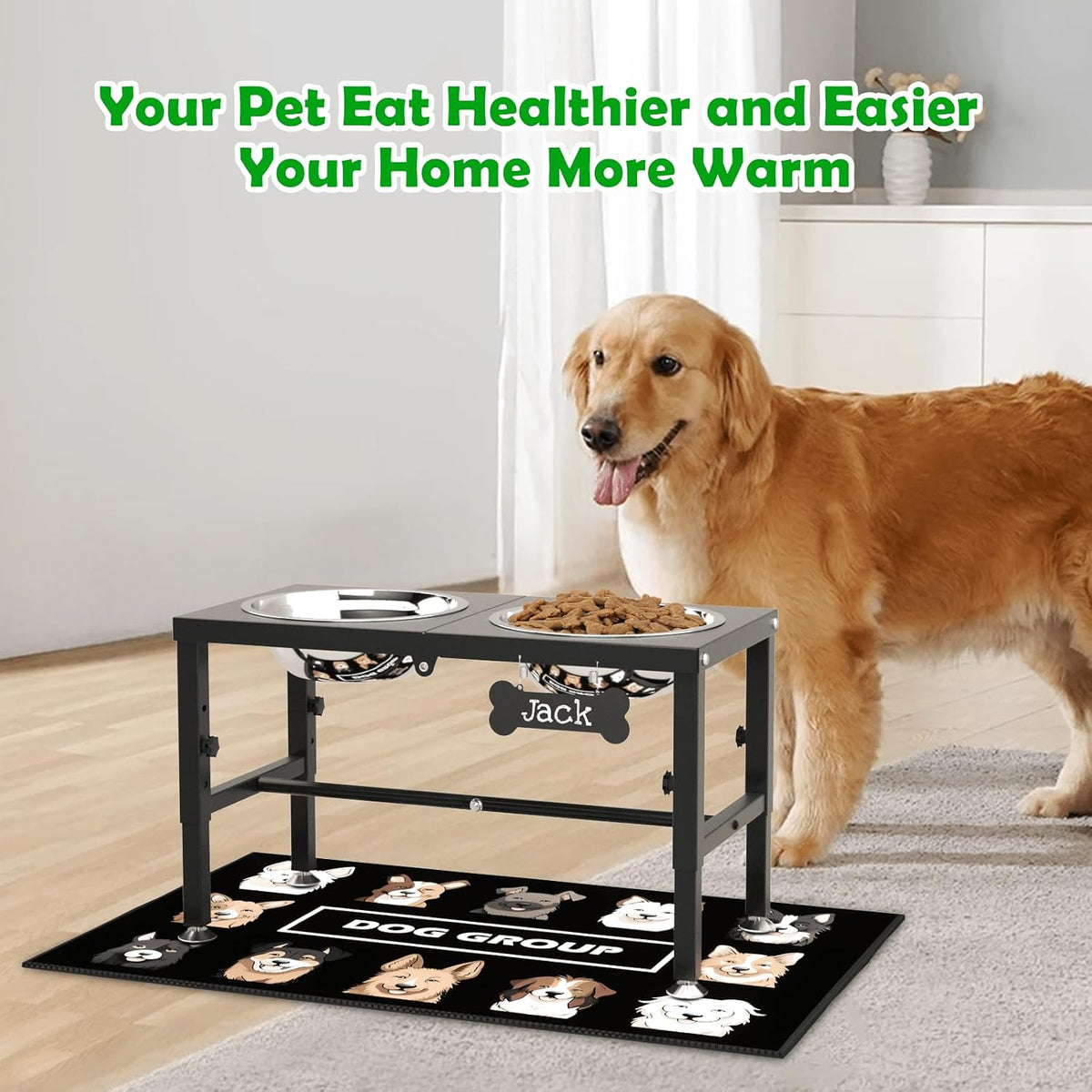 Elevated Dog Bowls with Slow Feeder & Mat for Medium and Large Dogs, 12" Tall Adjustable Wooden & Metal Raised Dog Bowl Stand, 2 Stainless Steel 58oz Bowls for Food & Water