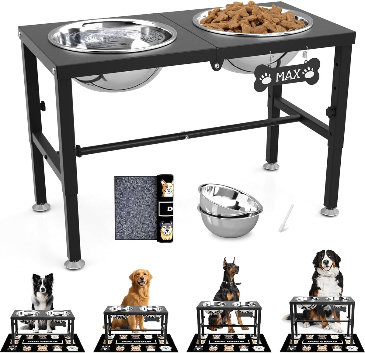 Elevated Dog Bowls with Slow Feeder & Mat for Medium and Large Dogs, 12" Tall Adjustable Wooden & Metal Raised Dog Bowl Stand, 2 Stainless Steel 58oz Bowls for Food & Water